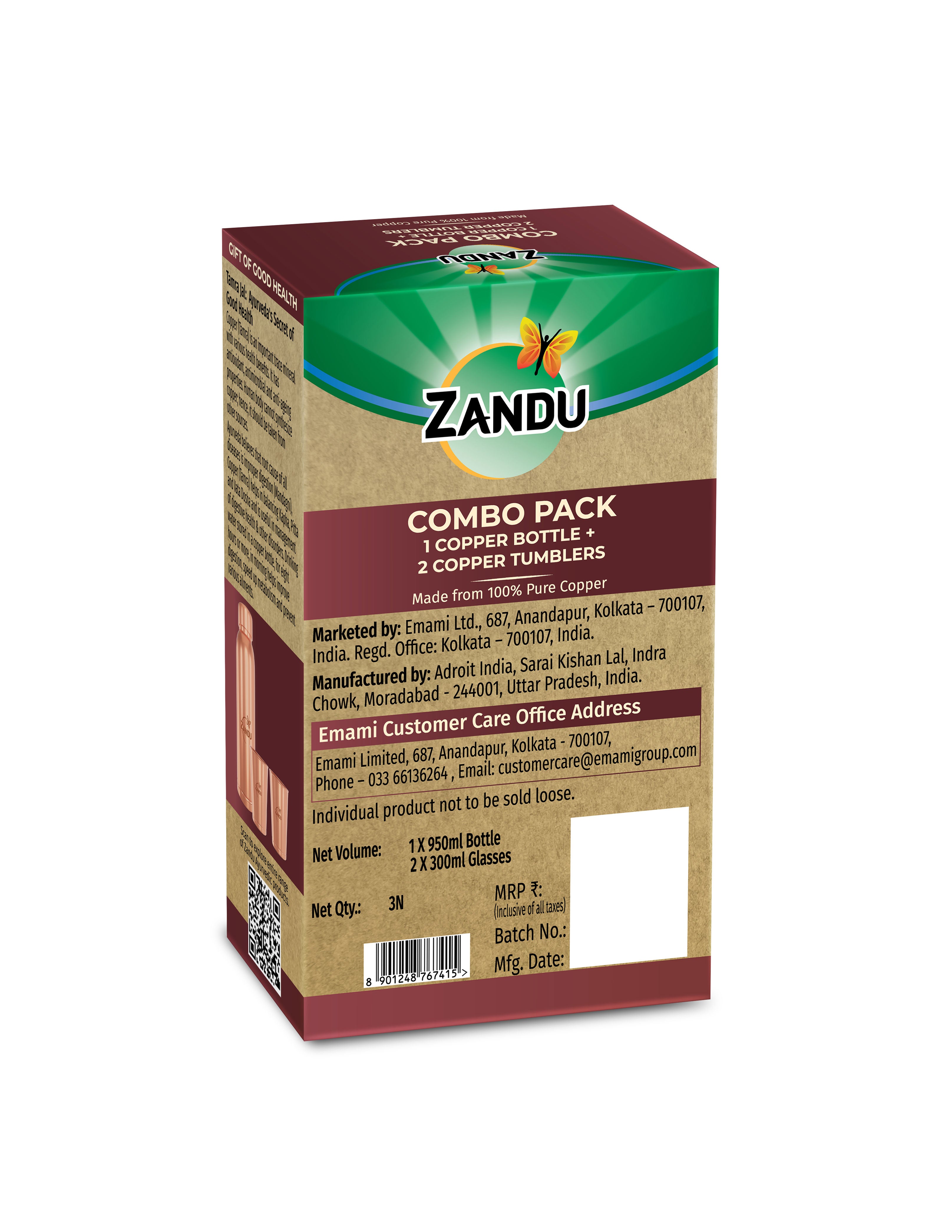 Zandu Copper Combo (Bottle + 2 Glasses)