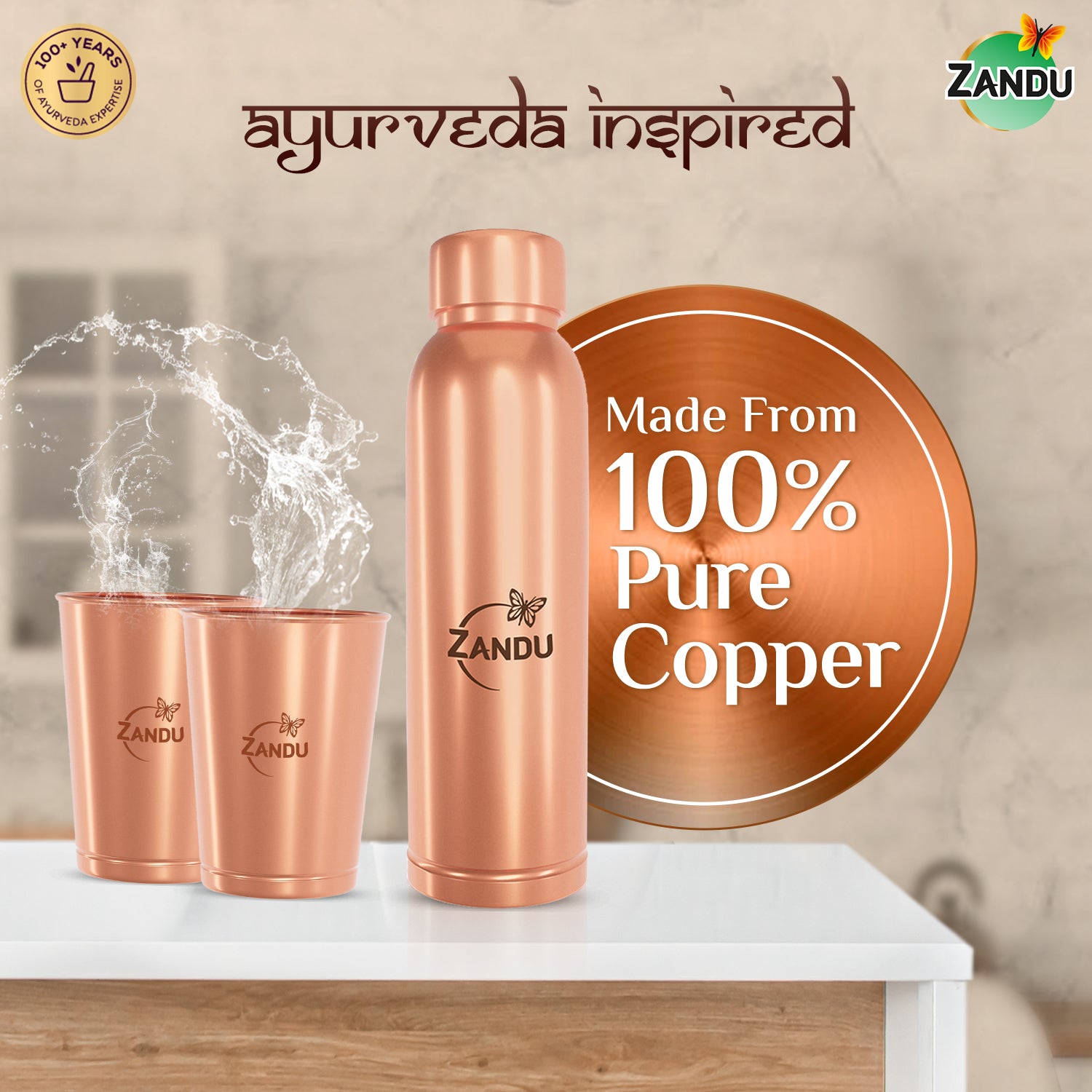 Zandu Copper Combo (Bottle + 2 Glasses)