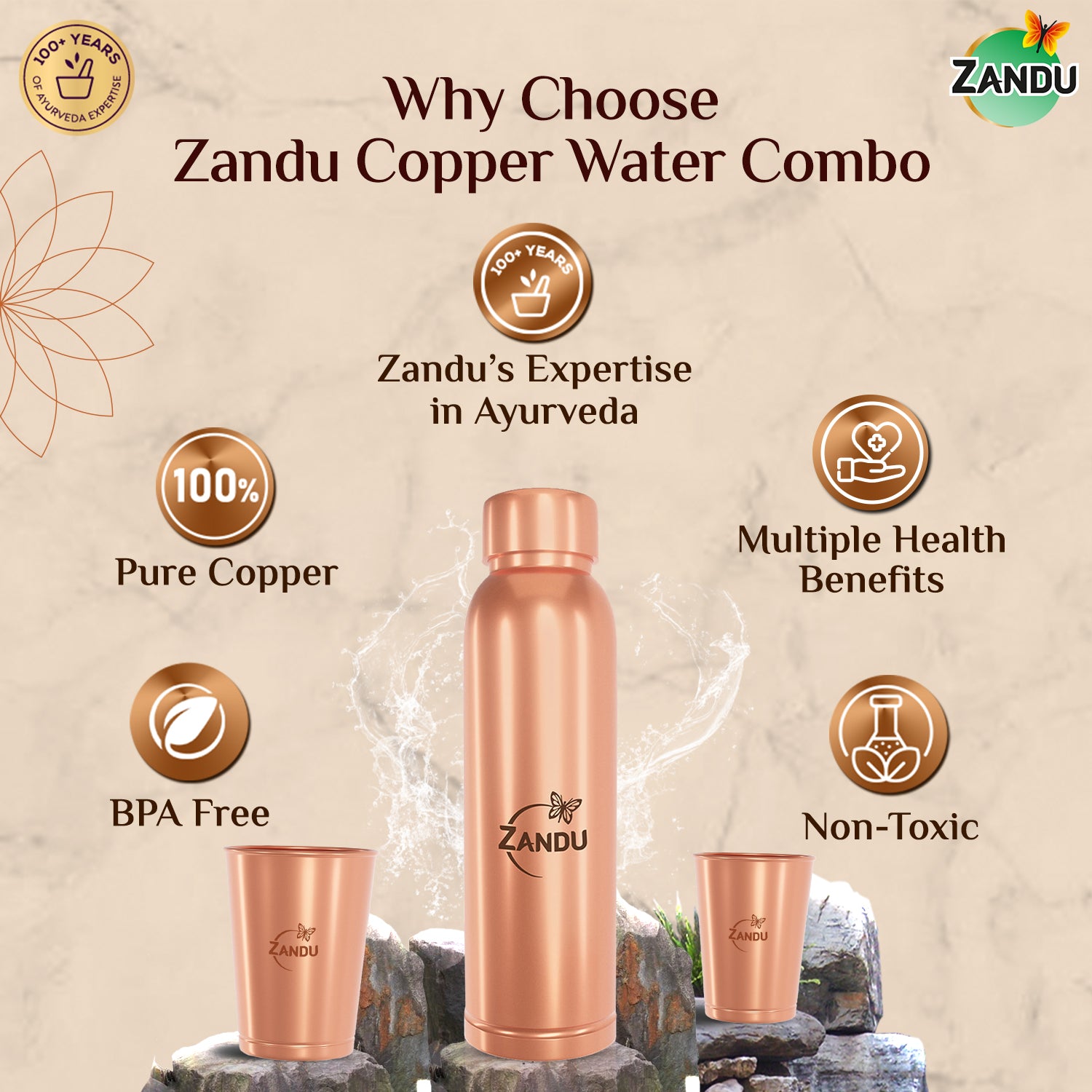 Zandu Copper Combo (Bottle + 2 Glasses)