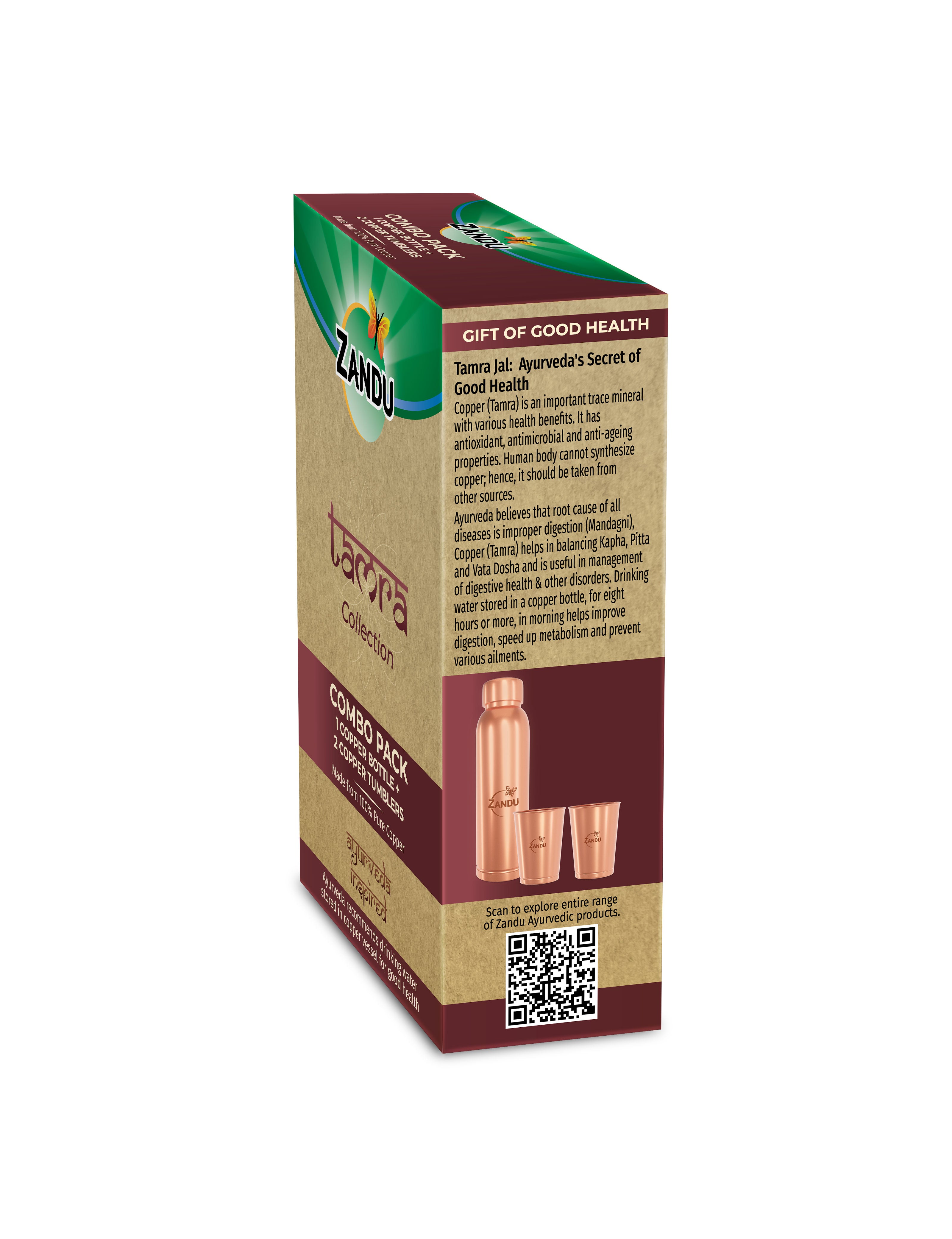 Zandu Copper Combo (Bottle + 2 Glasses)